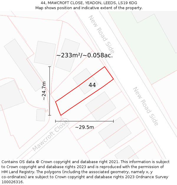 44, MAWCROFT CLOSE, YEADON, LEEDS, LS19 6DG: Plot and title map