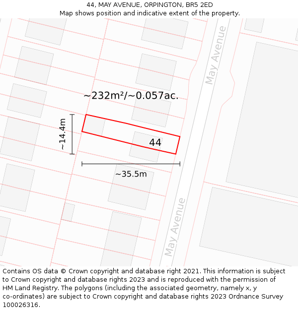 44, MAY AVENUE, ORPINGTON, BR5 2ED: Plot and title map