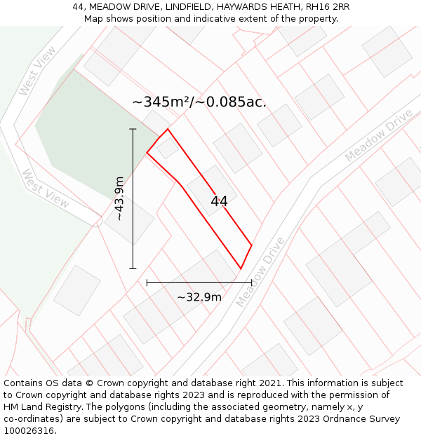 44, MEADOW DRIVE, LINDFIELD, HAYWARDS HEATH, RH16 2RR: Plot and title map