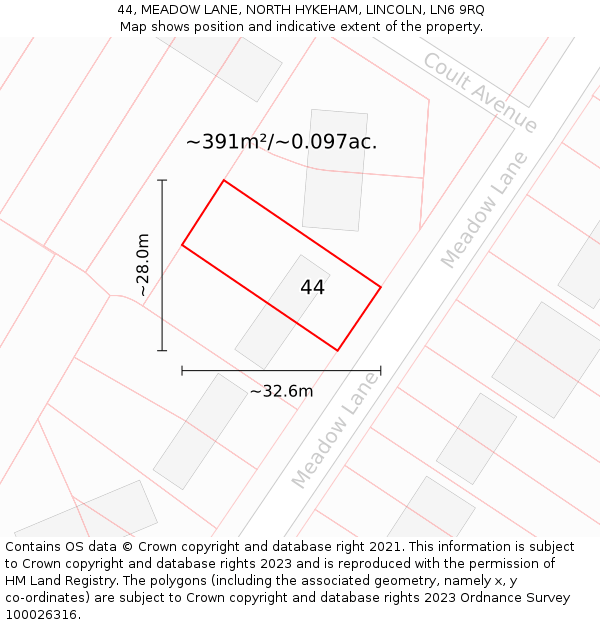 44, MEADOW LANE, NORTH HYKEHAM, LINCOLN, LN6 9RQ: Plot and title map