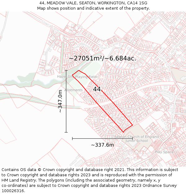 44, MEADOW VALE, SEATON, WORKINGTON, CA14 1SG: Plot and title map