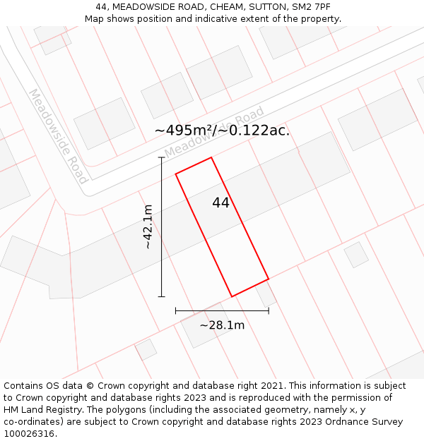 44, MEADOWSIDE ROAD, CHEAM, SUTTON, SM2 7PF: Plot and title map