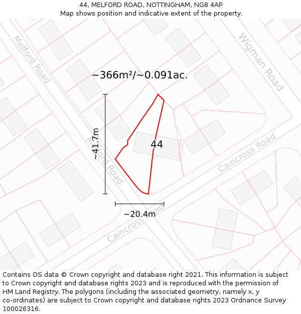 44, MELFORD ROAD, NOTTINGHAM, NG8 4AP: Plot and title map