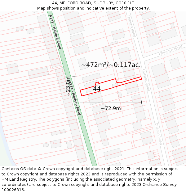 44, MELFORD ROAD, SUDBURY, CO10 1LT: Plot and title map