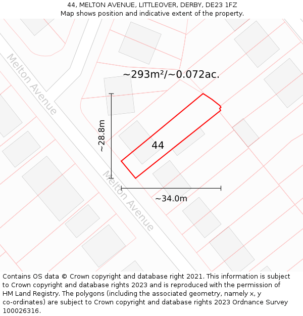 44, MELTON AVENUE, LITTLEOVER, DERBY, DE23 1FZ: Plot and title map