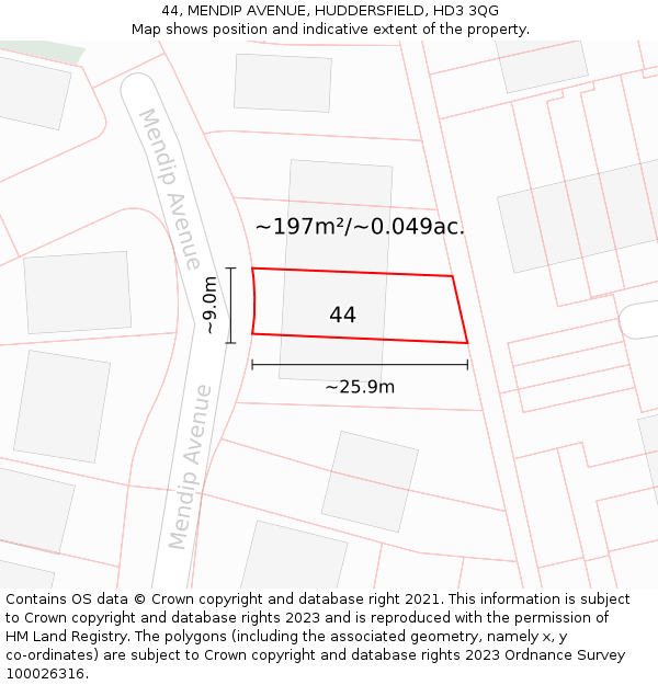 44, MENDIP AVENUE, HUDDERSFIELD, HD3 3QG: Plot and title map