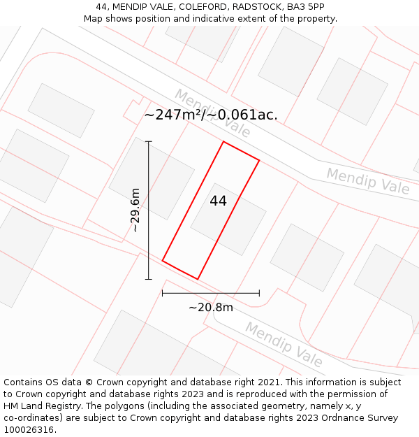 44, MENDIP VALE, COLEFORD, RADSTOCK, BA3 5PP: Plot and title map