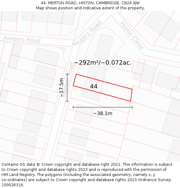 44, MERTON ROAD, HISTON, CAMBRIDGE, CB24 9JW: Plot and title map