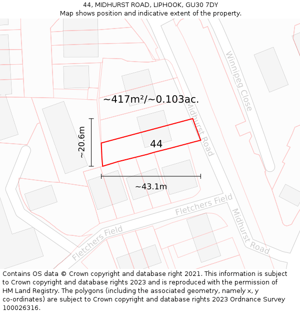 44, MIDHURST ROAD, LIPHOOK, GU30 7DY: Plot and title map