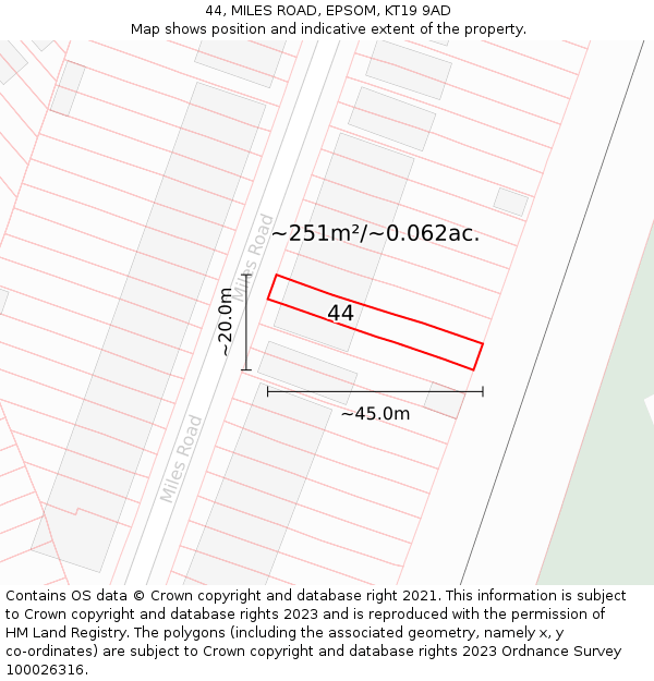 44, MILES ROAD, EPSOM, KT19 9AD: Plot and title map
