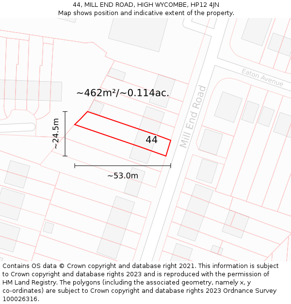 44, MILL END ROAD, HIGH WYCOMBE, HP12 4JN: Plot and title map