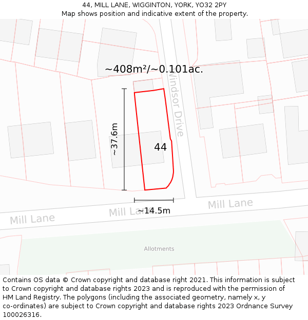 44, MILL LANE, WIGGINTON, YORK, YO32 2PY: Plot and title map