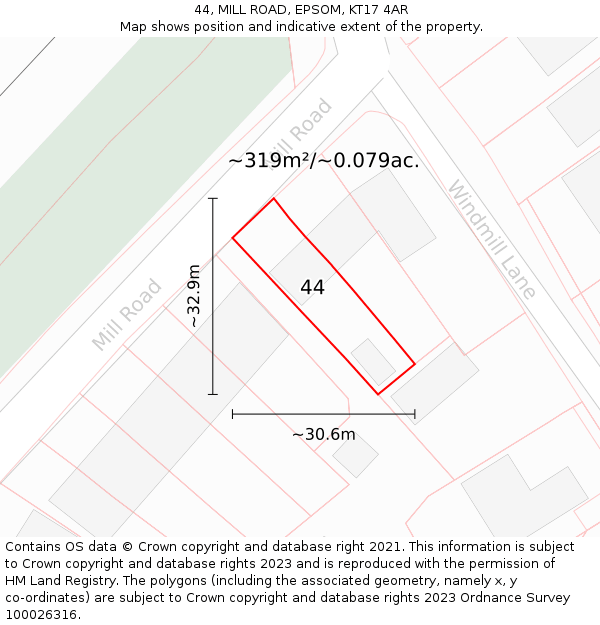 44, MILL ROAD, EPSOM, KT17 4AR: Plot and title map