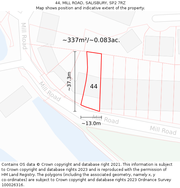 44, MILL ROAD, SALISBURY, SP2 7RZ: Plot and title map