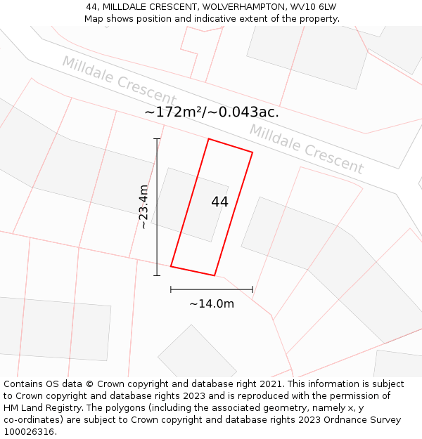 44, MILLDALE CRESCENT, WOLVERHAMPTON, WV10 6LW: Plot and title map