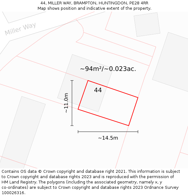 44, MILLER WAY, BRAMPTON, HUNTINGDON, PE28 4RR: Plot and title map