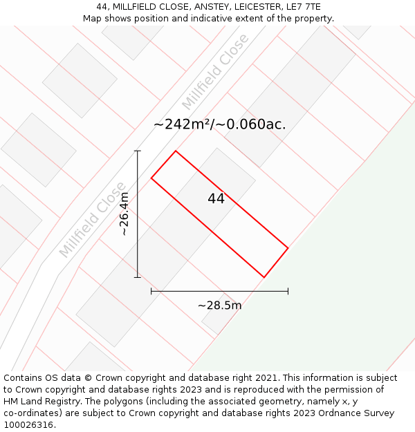 44, MILLFIELD CLOSE, ANSTEY, LEICESTER, LE7 7TE: Plot and title map
