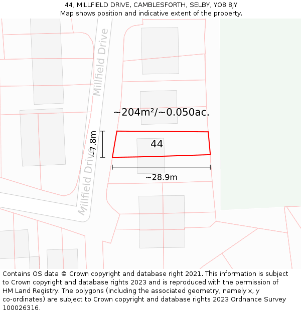 44, MILLFIELD DRIVE, CAMBLESFORTH, SELBY, YO8 8JY: Plot and title map