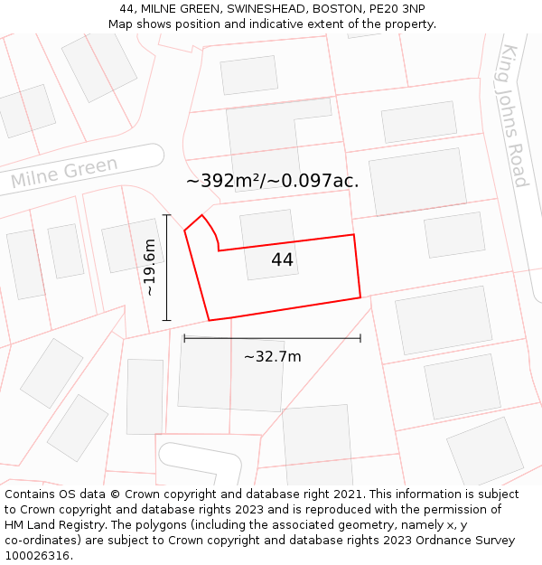 44, MILNE GREEN, SWINESHEAD, BOSTON, PE20 3NP: Plot and title map