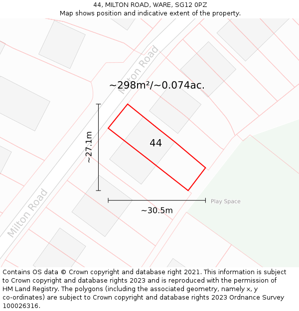 44, MILTON ROAD, WARE, SG12 0PZ: Plot and title map