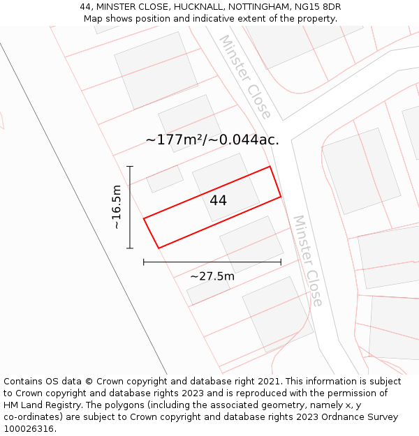 44, MINSTER CLOSE, HUCKNALL, NOTTINGHAM, NG15 8DR: Plot and title map