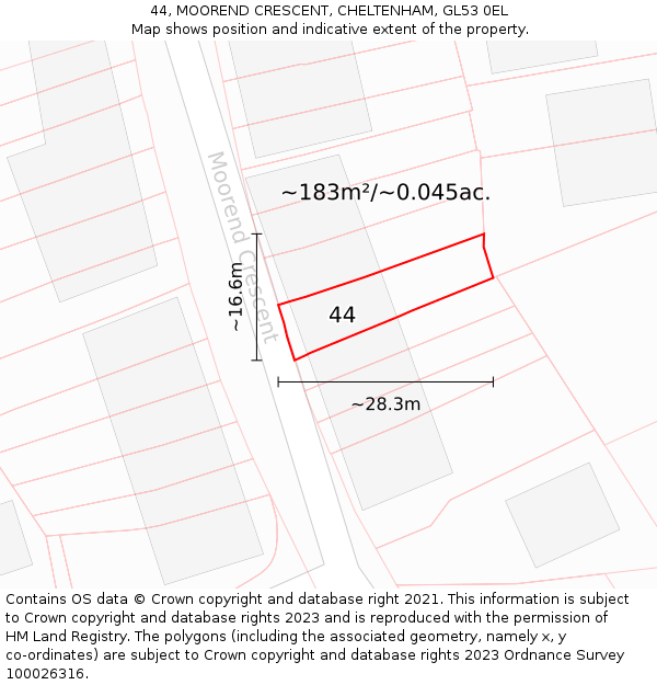 44, MOOREND CRESCENT, CHELTENHAM, GL53 0EL: Plot and title map