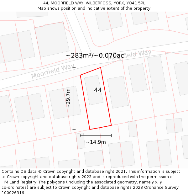 44, MOORFIELD WAY, WILBERFOSS, YORK, YO41 5PL: Plot and title map
