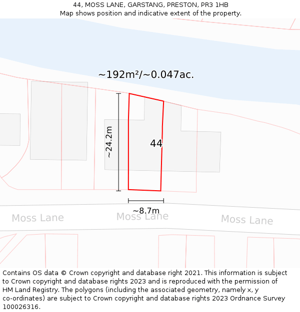 44, MOSS LANE, GARSTANG, PRESTON, PR3 1HB: Plot and title map