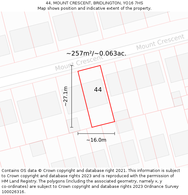 44, MOUNT CRESCENT, BRIDLINGTON, YO16 7HS: Plot and title map