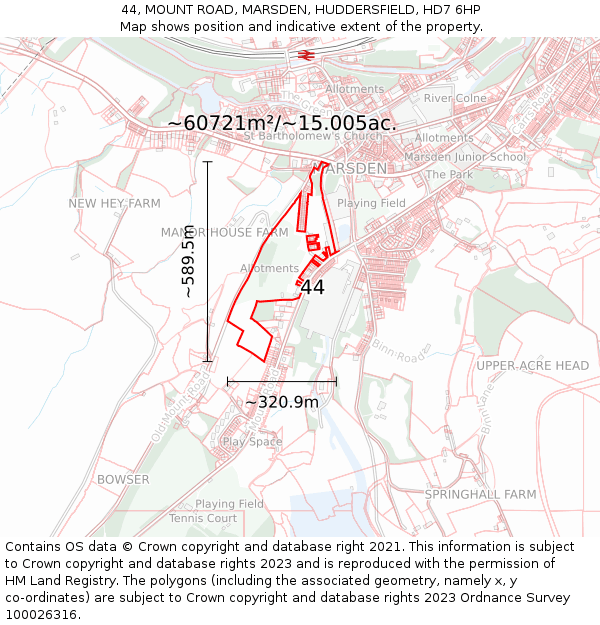 44, MOUNT ROAD, MARSDEN, HUDDERSFIELD, HD7 6HP: Plot and title map