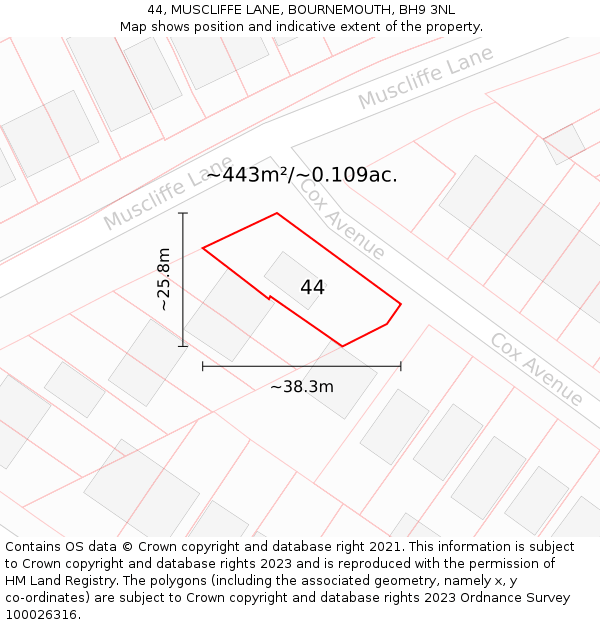 44, MUSCLIFFE LANE, BOURNEMOUTH, BH9 3NL: Plot and title map