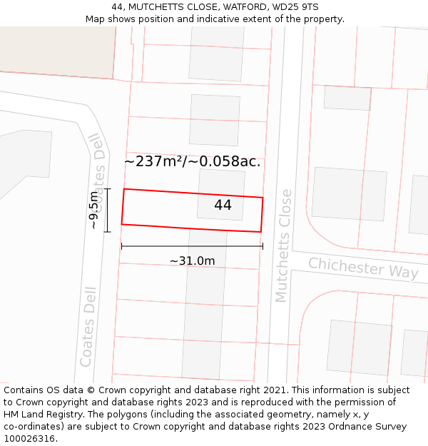 44, MUTCHETTS CLOSE, WATFORD, WD25 9TS: Plot and title map
