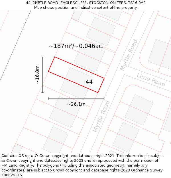 44, MYRTLE ROAD, EAGLESCLIFFE, STOCKTON-ON-TEES, TS16 0AP: Plot and title map