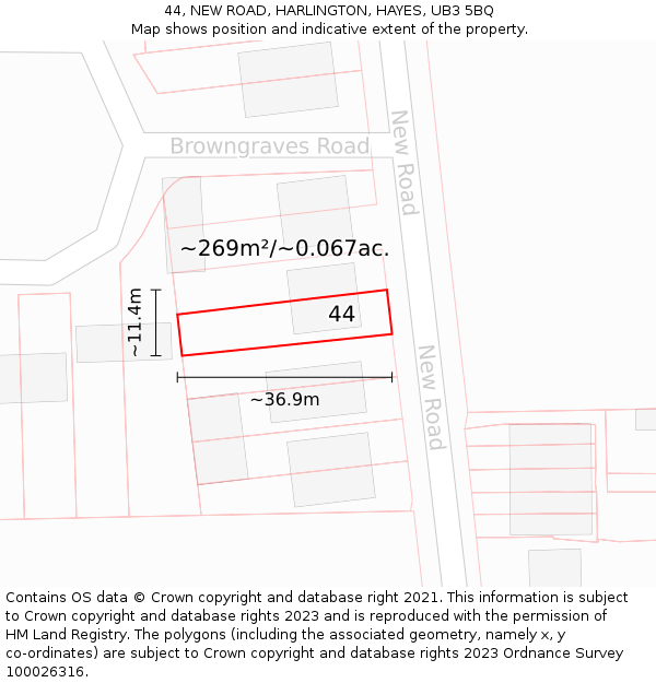 44, NEW ROAD, HARLINGTON, HAYES, UB3 5BQ: Plot and title map
