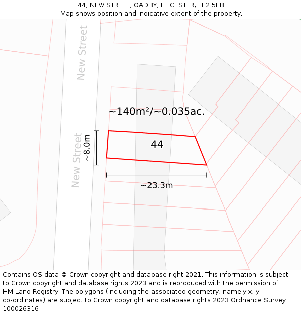44, NEW STREET, OADBY, LEICESTER, LE2 5EB: Plot and title map