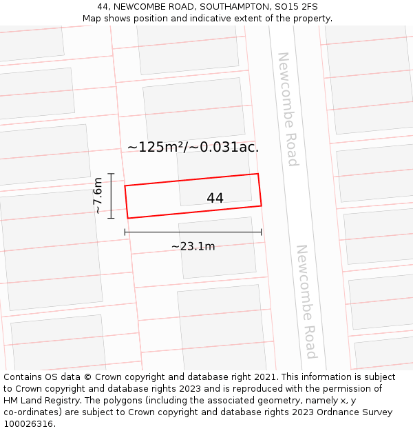 44, NEWCOMBE ROAD, SOUTHAMPTON, SO15 2FS: Plot and title map