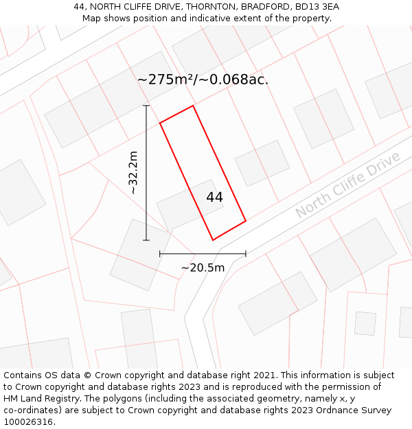 44, NORTH CLIFFE DRIVE, THORNTON, BRADFORD, BD13 3EA: Plot and title map