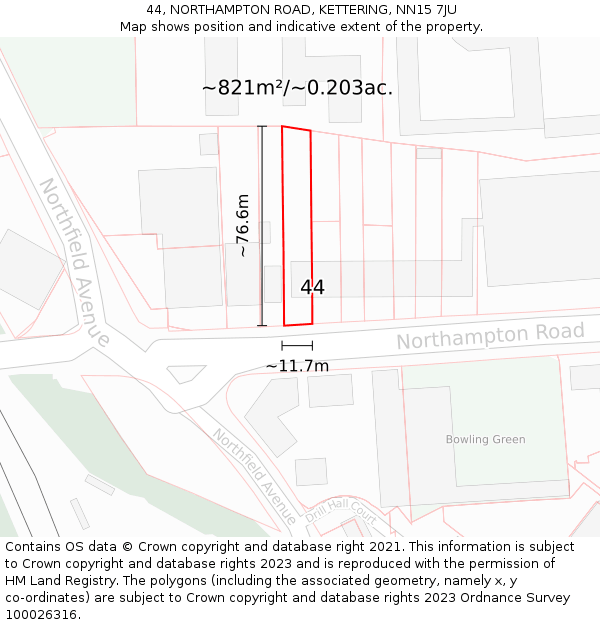 44, NORTHAMPTON ROAD, KETTERING, NN15 7JU: Plot and title map