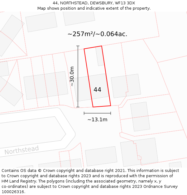 44, NORTHSTEAD, DEWSBURY, WF13 3DX: Plot and title map