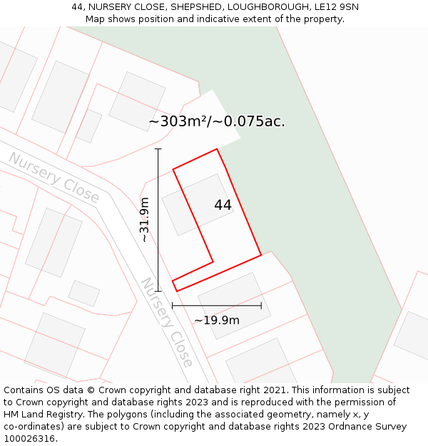 44, NURSERY CLOSE, SHEPSHED, LOUGHBOROUGH, LE12 9SN: Plot and title map