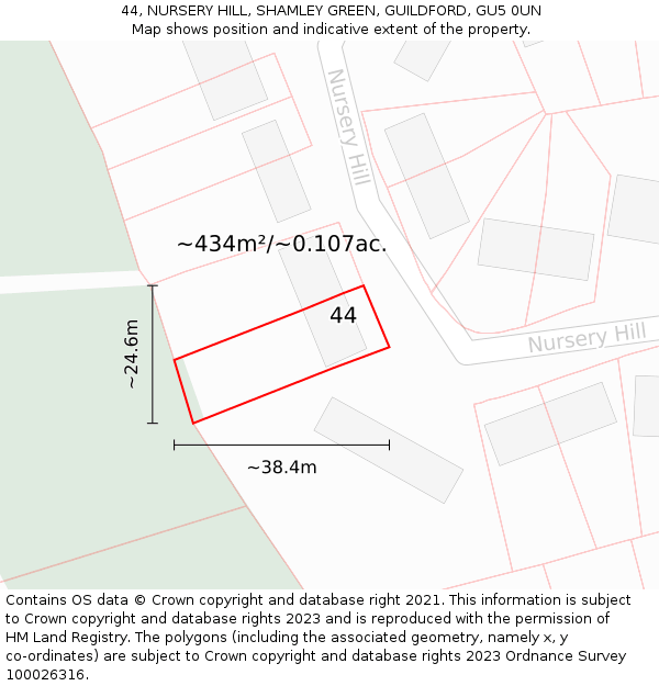 44, NURSERY HILL, SHAMLEY GREEN, GUILDFORD, GU5 0UN: Plot and title map