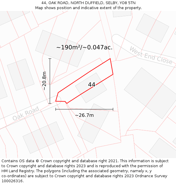44, OAK ROAD, NORTH DUFFIELD, SELBY, YO8 5TN: Plot and title map