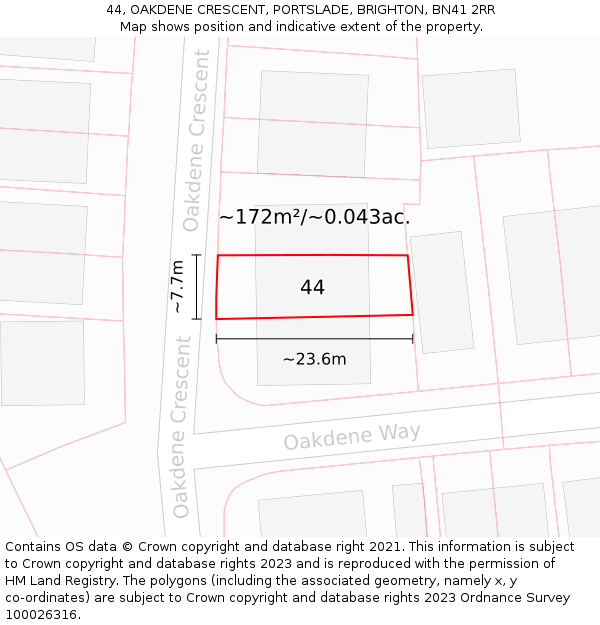 44, OAKDENE CRESCENT, PORTSLADE, BRIGHTON, BN41 2RR: Plot and title map