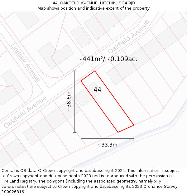 44, OAKFIELD AVENUE, HITCHIN, SG4 9JD: Plot and title map