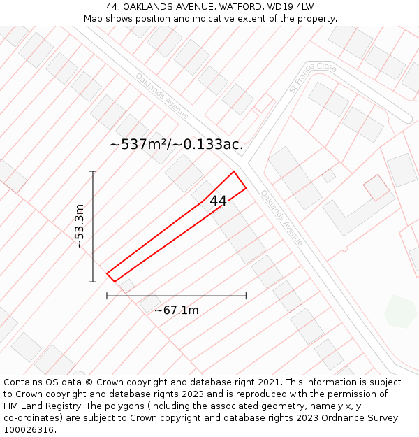 44, OAKLANDS AVENUE, WATFORD, WD19 4LW: Plot and title map