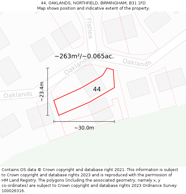 44, OAKLANDS, NORTHFIELD, BIRMINGHAM, B31 1FD: Plot and title map