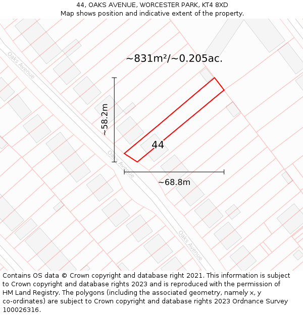 44, OAKS AVENUE, WORCESTER PARK, KT4 8XD: Plot and title map