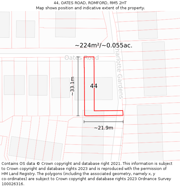 44, OATES ROAD, ROMFORD, RM5 2HT: Plot and title map