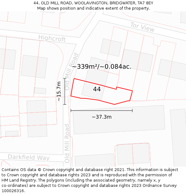 44, OLD MILL ROAD, WOOLAVINGTON, BRIDGWATER, TA7 8EY: Plot and title map