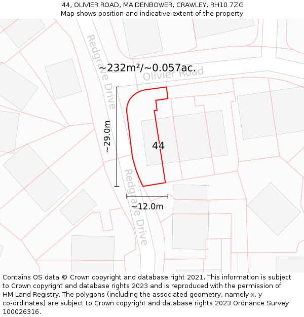 44, OLIVIER ROAD, MAIDENBOWER, CRAWLEY, RH10 7ZG: Plot and title map